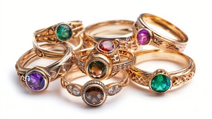 A set of vintage stackable rings with mixed gemstones, isolated on white. The intricate designs and colorful stones add uniqueness.