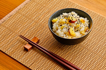 Japanese Sweet Potato and Chestnut Rice on Bamboo Placemat