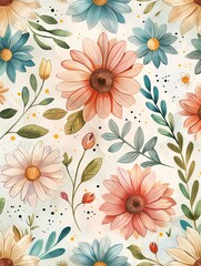 watercolor floral daisy and rose pattern, pastel pink peach blue green yellow white, neutral colors, cottagecore aesthetic, on a plain background,


