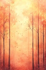 Obraz premium Gentle Orange Watercolor Backdrop, Tall Plants Ink Drawing, Pastel Colors, Watercolor Style