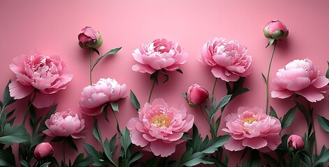 Pink Peonies with Lush Green Leaves Against a Soft Pink Background