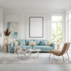 Frame mockup, ISO A paper size. Living room wall poster mockup. Interior mockup with house background. Modern interior design. 3D render