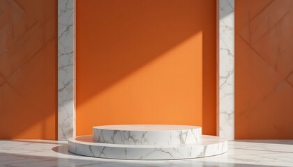 Elegant Marble Podium on Orange Backdrop: Showcase Your Products in Style
