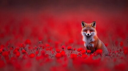 Naklejka premium A fox sitting in a field of red flowers