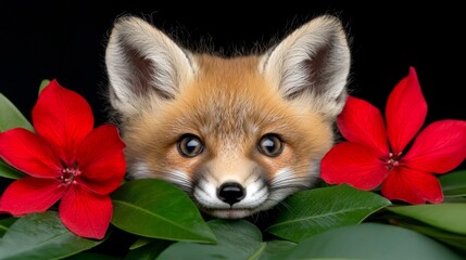 Obraz premium A baby fox peeking out from behind some red flowers