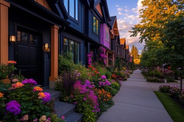 A city neighbourhood boasts neatly aligned row houses, each adorned with porches and sidewalks
