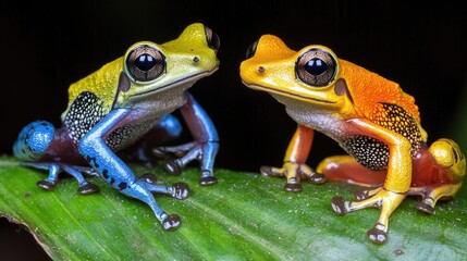 Naklejka premium Two colorful frogs on a leaf, vibrant tropical rainforest scene, close-up shot, nature photography
