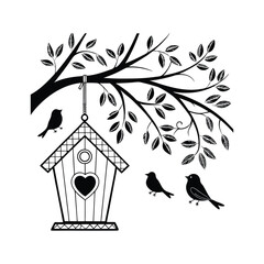 Love Nest on the Branch – A Whimsical Birdhouse Illustration
