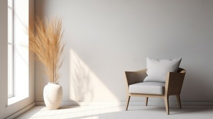 Cozy and Minimalist Interior Design Featuring an Elegant Armchair, Soft Cushion, and Stylish Vase with Decorative Dried Plants in a Sunlit Room