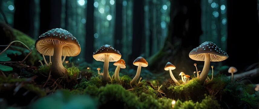 A whimsical scenario of tiny mushrooms sprouting in a lush forest embodying the magic and awe of natures intricate life cycles