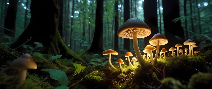 A whimsical scenario of tiny mushrooms sprouting in a lush forest embodying the magic and awe of natures intricate life cycles