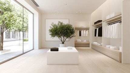 Minimalist clothing boutique interior design; city view