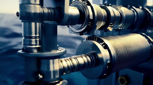 Metallic shaft and bellows coupling, crucial components of marine engineering, rotate smoothly against the backdrop of a vast ocean, showcasing precision and resilience in a challenging environment