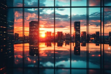 Fototapeta premium Colorful sunset sky reflecting on modern glass skyscraper