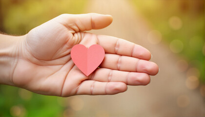 Fototapeta premium Hand holding red heart cutout on a blurred natural background for blogs, websites, greeting cards, romantic themes, education on love, awareness campaigns, and digital designs