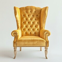 A luxurious golden yellow wingback chair with tufted upholstery, perfect for adding elegance and comfort to any interior space.