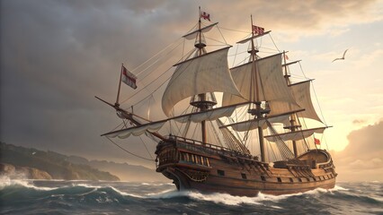 Obraz premium Majestic Sailing Ship Hyper-Realistic Galleon on the High Seas V7