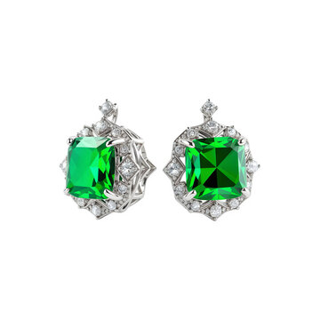 Silver earrings with green diamonds on transparent background. Silver earrings with topaz, emerald ​​png. Jewelry and gemstones