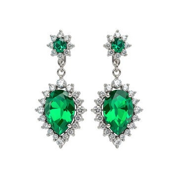 Silver earrings with green diamonds on transparent background. Silver earrings with topaz, emerald ​​png. Jewelry and gemstones