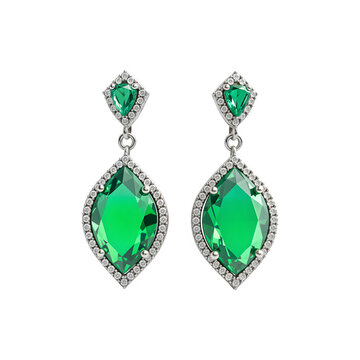 Silver earrings with green diamonds on transparent background. Silver earrings with topaz, emerald ​​png. Jewelry and gemstones