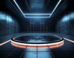 Alien Sci Fi Neon Laser Empty Stage Podium Circle Concrete Cement Underground Warehouse Background Grunge Futuristic Led Orange Blue White Glowing Lights Spaceship 3D Rendering