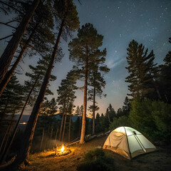Vertical shot of a camping tent near trees during sunrise