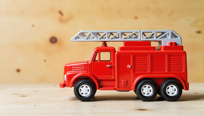 Red toy fire truck on a wooden surface for children's blogs, websites, educational materials, gift cards, and designs related to fire safety and emergency awareness