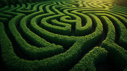 Enchanting green hedge maze illuminated by golden sunlight for mystery, strategy, and adventure themes