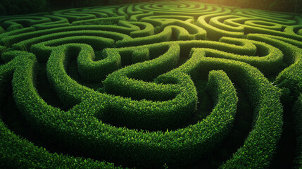 Enchanting green hedge maze illuminated by golden sunlight for mystery, strategy, and adventure themes