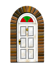 Vintage white door with brick frame isolated on plain color background