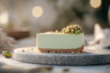 A slice of pistachio cheesecake rests on a textured stone plate, illuminated by soft side lighting that enhances its creamy texture and golden pistachio topping, creating an inviting dessert