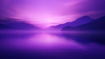 Serene purple sunset over a tranquil lake with misty mountain silhouettes for calming backgrounds and peaceful nature designs