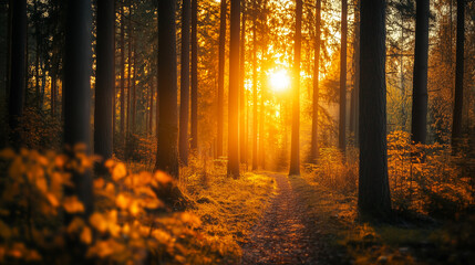 Obraz premium Tranquil forest path illuminated by golden sunset light perfect for nature, relaxation, and autumn landscape themes