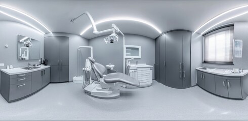 The VR scene, presented in equirectangular projection, includes a surgeon, orthopedist, therapist, and a dentist office boasting modern equipment in a state-of-the-art clinic