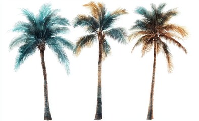 Surrounded by vintage coconut trees, an isolated green watercolor palm tree on a white background forms a tropical jungle scene adorned with floral elements