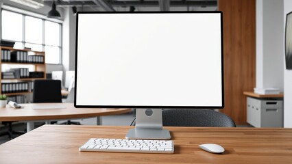 Fototapeta premium Modern Office Desk Featuring a Blank Computer Monitor, Keyboard, and Mouse in a Minimalistic Workspace Environment with Stylish Wooden Accents and Organized Office Supplies