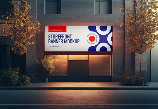 Urban Storefront Banner Mockup &ndash; Evening Scene with Illuminated Shop Sign on Modern Facade