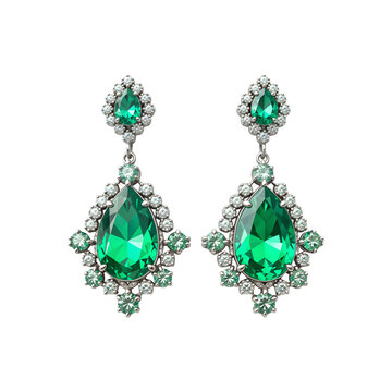 Silver earrings with green diamonds on transparent background. Silver earrings with topaz, emerald ​​png. Jewelry and gemstones