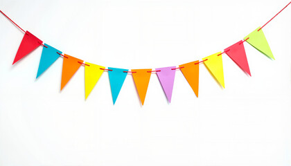 Obraz premium Colorful decorative bunting flags on a bright background for event planning, party decorations, websites, blogs, greeting cards, stationery design, and festive celebrations