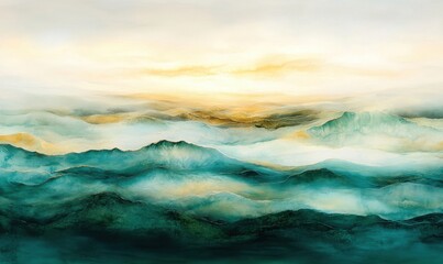 Misty Mountain Sunrise Serene landscape painting of sunlit peaks above a sea of clouds; ideal for home decor