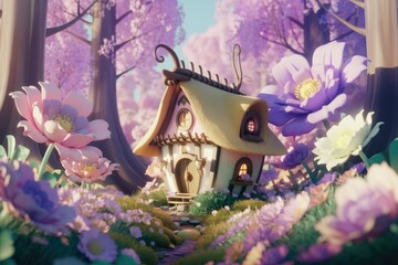 Fototapeta premium A whimsical fairytale cottage nestled in a vibrant, flower-filled enchanted forest.