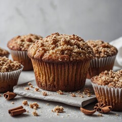 A cinnamon muffin with sugar crumble topping, sitting on a bright white surface.
