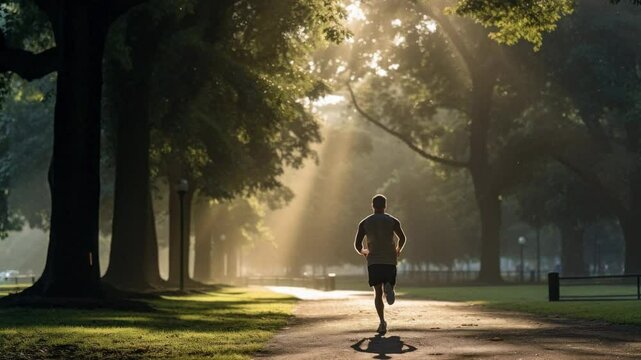 Backlit shot of a person jogging through a sunlit park, capturing a serene morning atmosphere. Ideal for a motivational video scene.