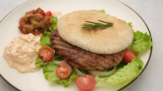 Serbian pljeskavica meat served in pita with traditional Balkan side dishes. Closeup of Balkan style pljeskavica burger on a plate with Serbian urnebes salad