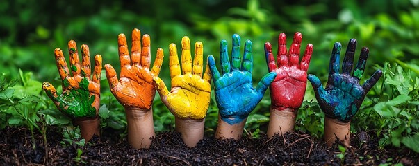 Fototapeta premium Little children show their hands painted in bright colors, a vibrant display creativity and youthful expression.