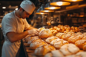 Baker preparing freshly baked bread in a traditional bakery