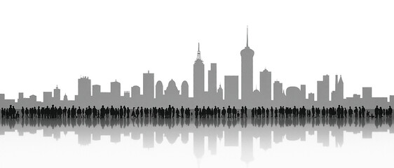 Fototapeta premium A minimalist silhouette of a bustling city skyline with a crowd in the foreground, showcasing urban life and architecture.