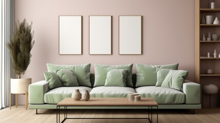 Modern Living Room with Mint Green Sofa, Neutral Tones, Minimalist Decor, Three Blank Frames, Natural Light, Warm Atmosphere, Stylish Arrangement