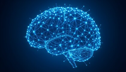 A glowing blue brain composed of a network of lines and dots..
