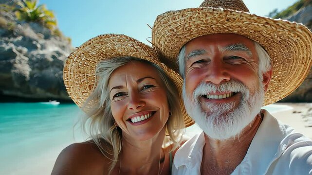 senior couple tourist. Enjoy free time outdoors near the sea on the beach. Looking at the camera while relaxing on a clear day Poses for travel selfies smiling happy tropica
